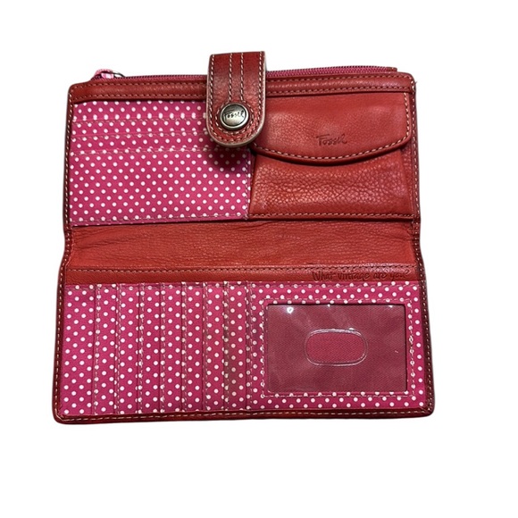Fossil Red Wallet. Pink & Orange Hearts. Lining Pink Polka Dot. Leather. Rare - Picture 5 of 14